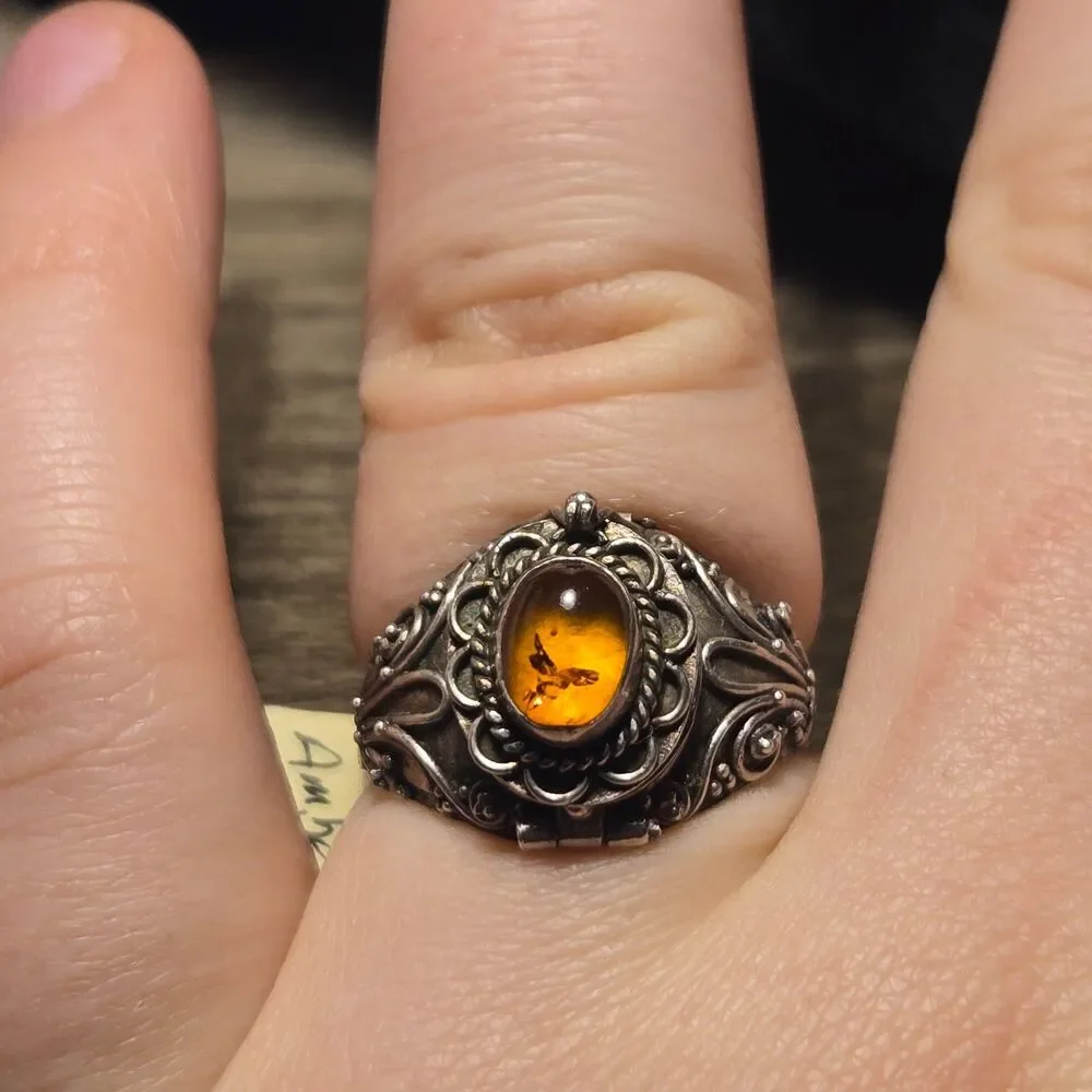 Rare Amber Poison Ring vintage sterling silver ring sz 9.5